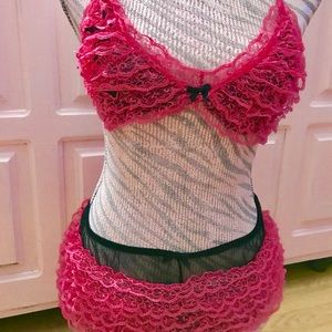 Pink and black sheer lace frilly 2pc lingerie